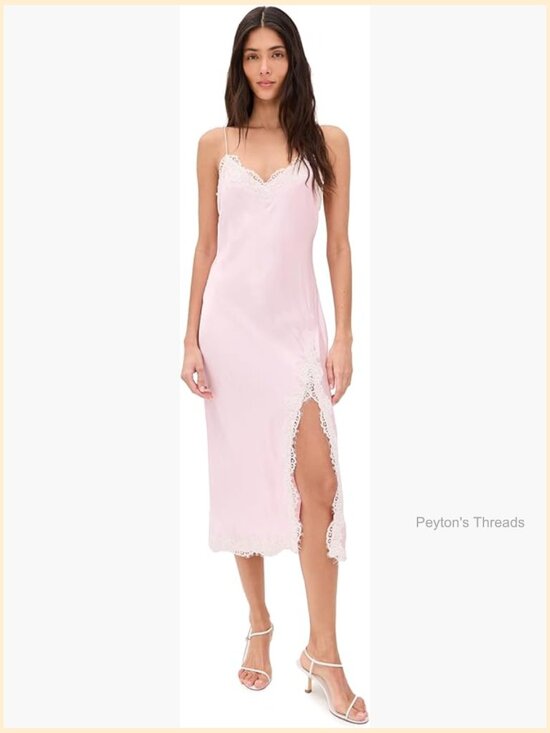 Dresses & Skirts - Silk Midi Dress with Floral Lace Trim - A-Line Sweetheart Neck